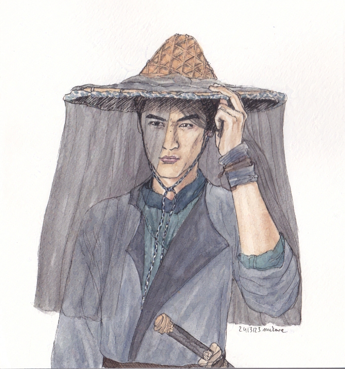 serious young man in hanfu and veiled hat